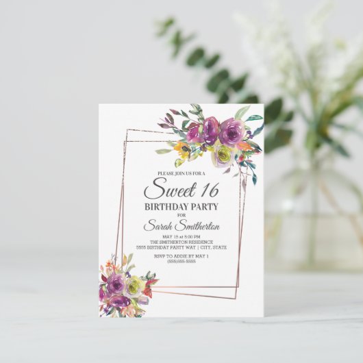 紫色の黄色の水の色のフローラ幾何学甘い16 招待状 (スタンド正面)