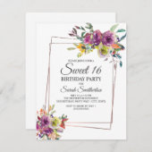 紫色の黄色の水の色のフローラ幾何学甘い16 招待状 (正面/裏面)