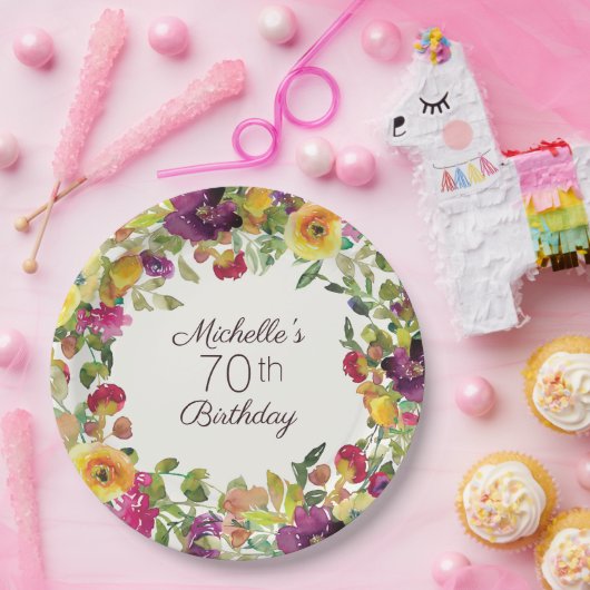 紫色の黄色の水色フローラ70誕生日 ペーパープレート (パーティー)