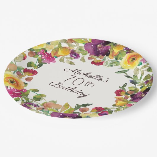 紫色の黄色の水色フローラ70誕生日 ペーパープレート (アングル)