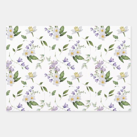 紫色の黄色の白い緑のフローラの緑 ラッピングペーパーシート (正面2)