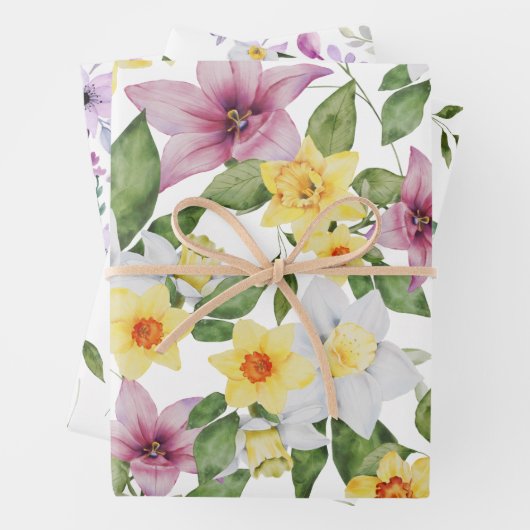 紫色の黄色の白い緑のフローラの緑 ラッピングペーパーシート (インサイチュ)