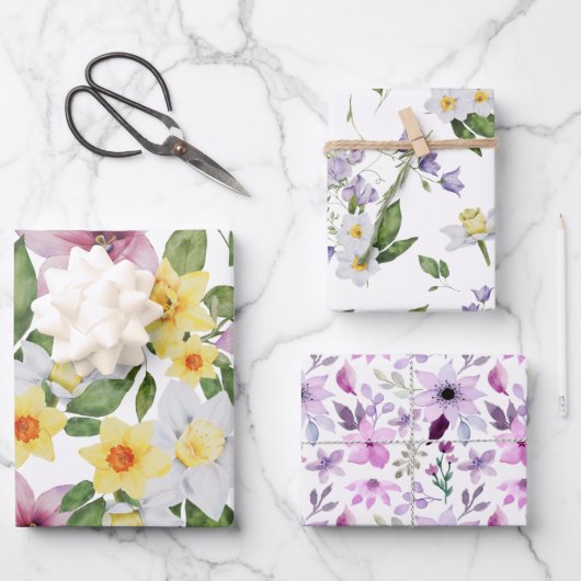 紫色の黄色の白い緑のフローラの緑 ラッピングペーパーシート (正面)