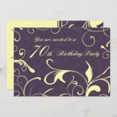 紫色の黄色の第70誕生日のパーティの招待状カード 招待状 (正面/裏面)