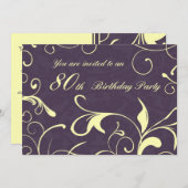 紫色の黄色の第80誕生日のパーティの招待状カード 招待状 (正面/裏面)