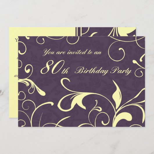 紫色の黄色の第80誕生日のパーティの招待状カード 招待状 (正面/裏面)