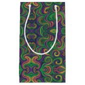 紫色の黄色の緑のマルディグラの渦巻き抽象芸術 スモールペーパーバッグ (正面)