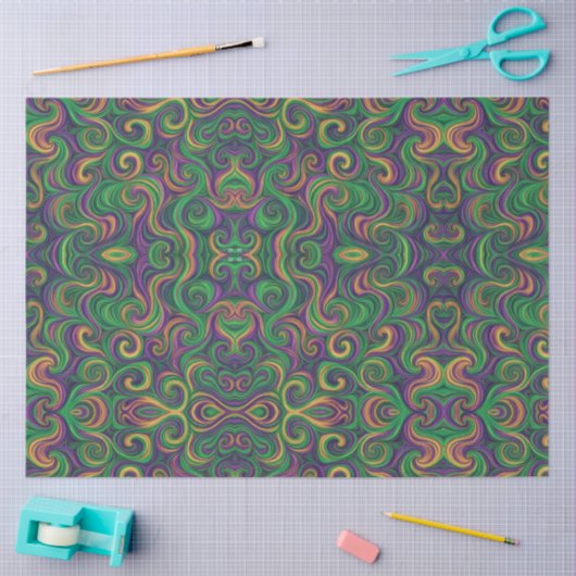 紫色の黄色の緑のマルディグラの渦巻き抽象芸術 薄葉紙 (クラフト)