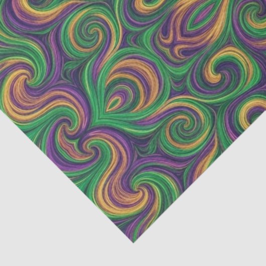 紫色の黄色の緑のマルディグラの渦巻き抽象芸術 薄葉紙 (詳細)