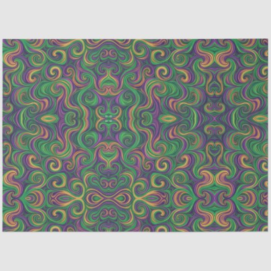 紫色の黄色の緑のマルディグラの渦巻き抽象芸術 薄葉紙 (正面)
