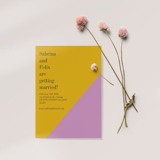 紫色の黄色の色ブロックジオメトモダンリ結婚の 招待状