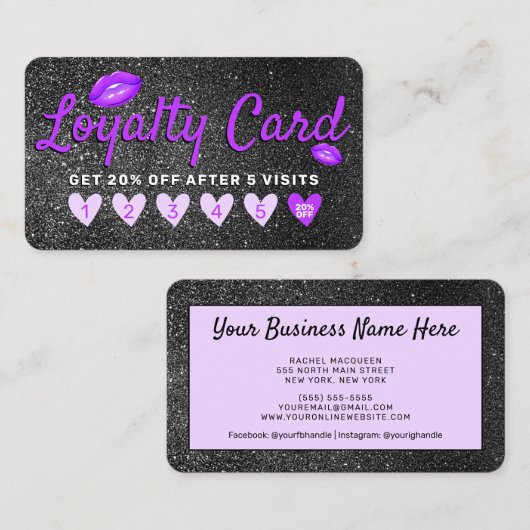 紫色の黒いグリッター唇ハート顧客割引 ロイヤリティカード (正面/裏面)