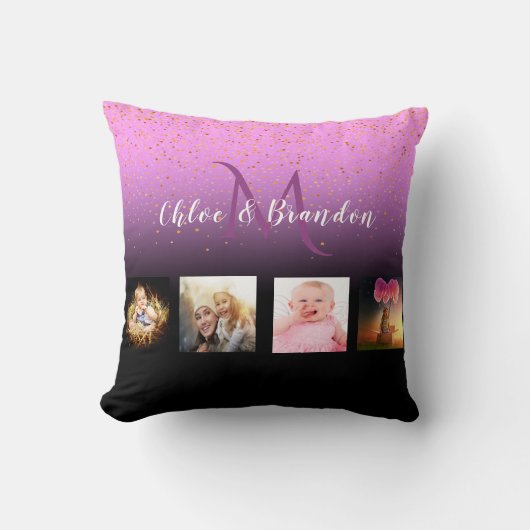 紫色の黒いコラージュ名モノグラム クッション (正面)