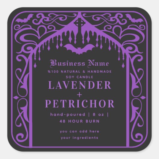 紫色の黒いゴシックの吸血鬼キャンドル製品ラベル スクエアシール (正面)