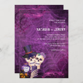 紫色の黒いゴシック様式の骨格ハロウィン結婚ズ 招待状 (正面/裏面)