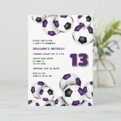 紫色の黒いサッカーボール男の子女の子誕生日 招待状 (スタンド正面)