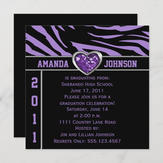 紫色の黒いゼブラ紫と銀のハート宝石 招待状 (正面/裏面)