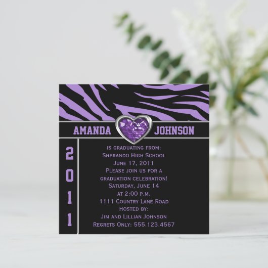 紫色の黒いゼブラ紫と銀のハート宝石 招待状 (スタンド正面)