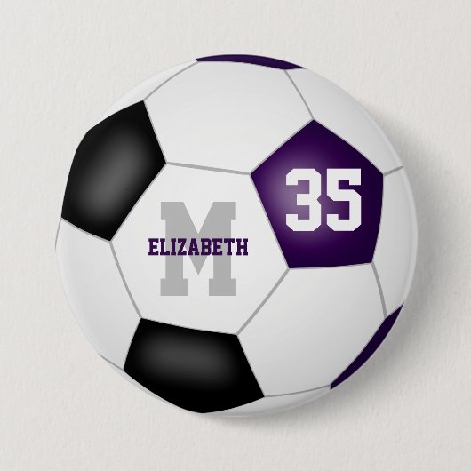 紫色の黒いチームカラーサッカーパーソナライズされた 缶バッジ (正面)