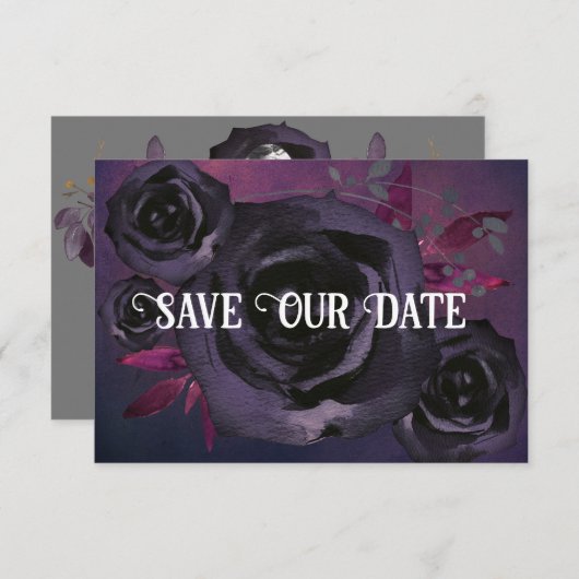 紫色の黒いバラ救写真私たちの日付 招待状 (正面/裏面)