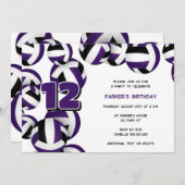 紫色の黒いバレーボール少年少女の誕生日パーティー 招待状 (正面/裏面)