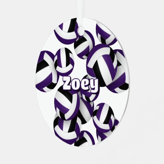 紫色の黒いバレーボールwアスリート名記念 メタルオーナメント (正面左)