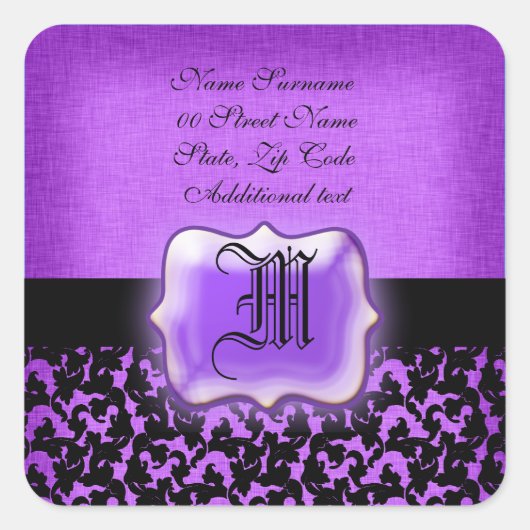 紫色の黒いフローラダマスクの結婚式 スクエアシール (正面)