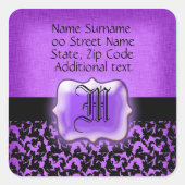 紫色の黒いフローラダマスクの結婚式 スクエアシール (正面)