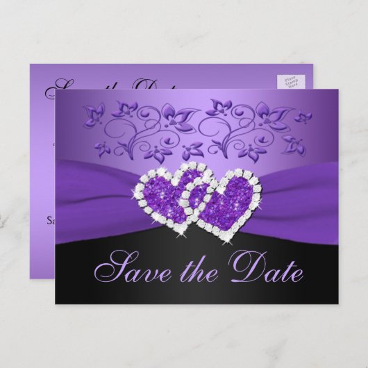 紫色の黒いフローラハート日付のポストカードを保存 案内ポストカード (正面/裏面)