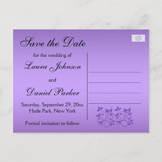 紫色の黒いフローラハート日付のポストカードを保存 案内ポストカード (裏面)