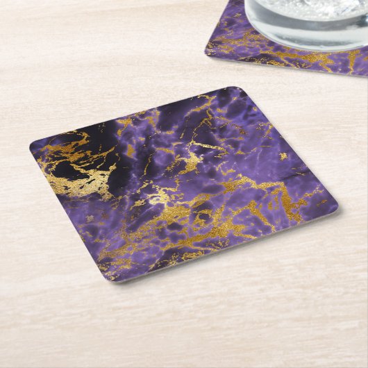 紫色の黒い大理石のフェイクな金ゴールドのグリッターパターン スクエアペーパーコースター (アングル)