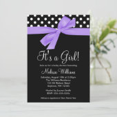 紫色の黒い弓水玉模様のベビーシャワー招待状 招待状 (スタンド正面)