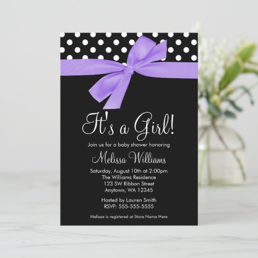紫色の黒い弓水玉模様のベビーシャワー招待状 招待状 (スタンド正面)