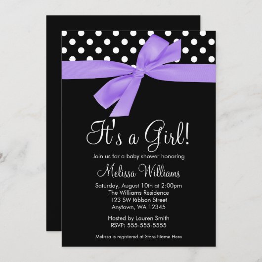 紫色の黒い弓水玉模様のベビーシャワー招待状 招待状 (正面/裏面)