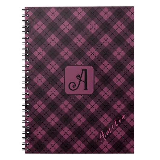 紫色の黒い格子状カスタマイズの名前 ノートブック (正面)