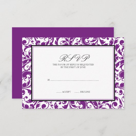 紫色の黒い渦巻のダマスク織の結婚式の応答カード 出欠カード (正面/裏面)