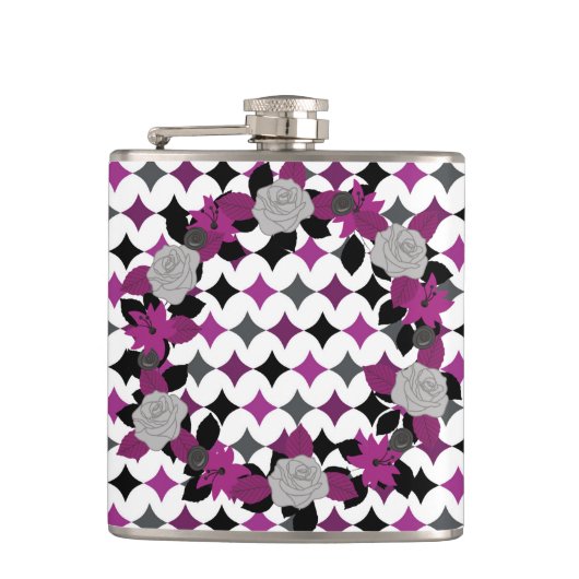 紫色の黒い灰色の白いパターンと花 フラスク (正面)