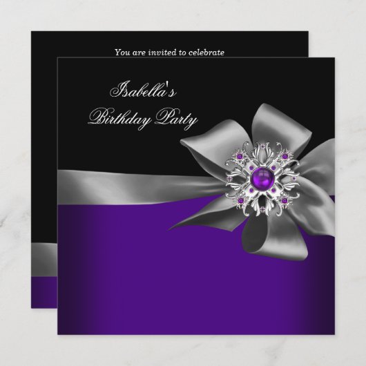 紫色の黒い紫色の宝石グレーの誕生日パーティー 招待状 (正面/裏面)