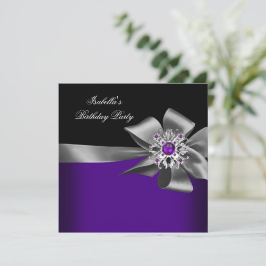 紫色の黒い紫色の宝石グレーの誕生日パーティー 招待状 (スタンド正面)
