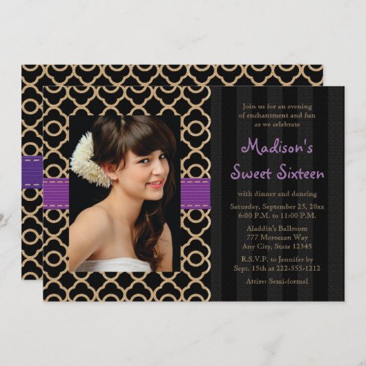 紫色の黒い金ゴールドのモロッコのSweet sixteenの写真 招待状 (正面/裏面)