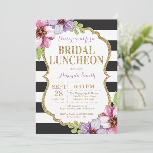紫色の黒い金ゴールドの花嫁の昼食会の招待状 招待状 (スタンド正面)