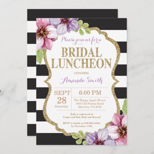 紫色の黒い金ゴールドの花嫁の昼食会の招待状 招待状 (正面/裏面)