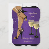 紫色の黒い靴ワイングラス誕生日パーティー 招待状 (正面)