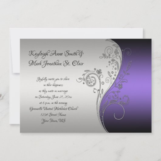 紫色の黒く、銀製の書道の結婚式 招待状 (正面)