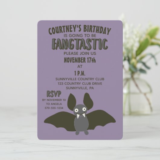 紫色の黒と灰色の漫画こうもりかわいいパーティー 招待状 (スタンド正面)