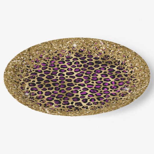 紫色の黒と金ゴールドキラキラ箔ヒョウ釉薬 ペーパープレート (アングル)