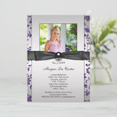 紫色の黒のダマスクの女の子の写真の卒業 招待状 (スタンド正面)