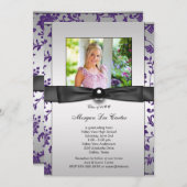 紫色の黒のダマスクの女の子の写真の卒業 招待状 (正面/裏面)
