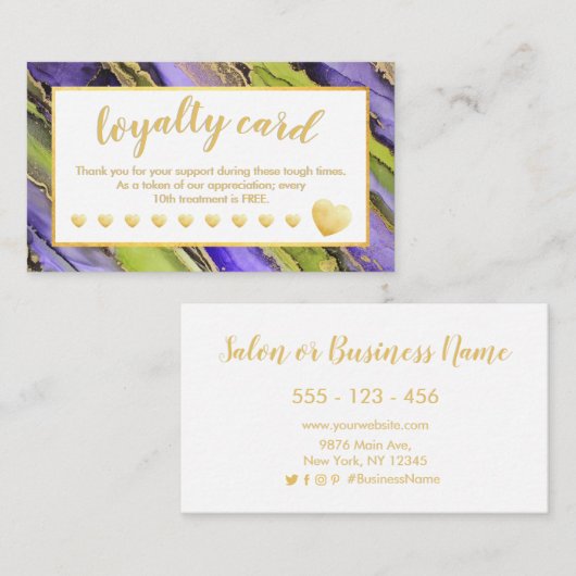 紫色の黒の緑の金箔10訪問 ロイヤリティカード (正面/裏面)
