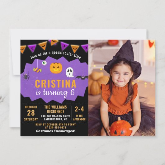 紫色の黒ハロウィーンスプーク誕生日写真 招待状